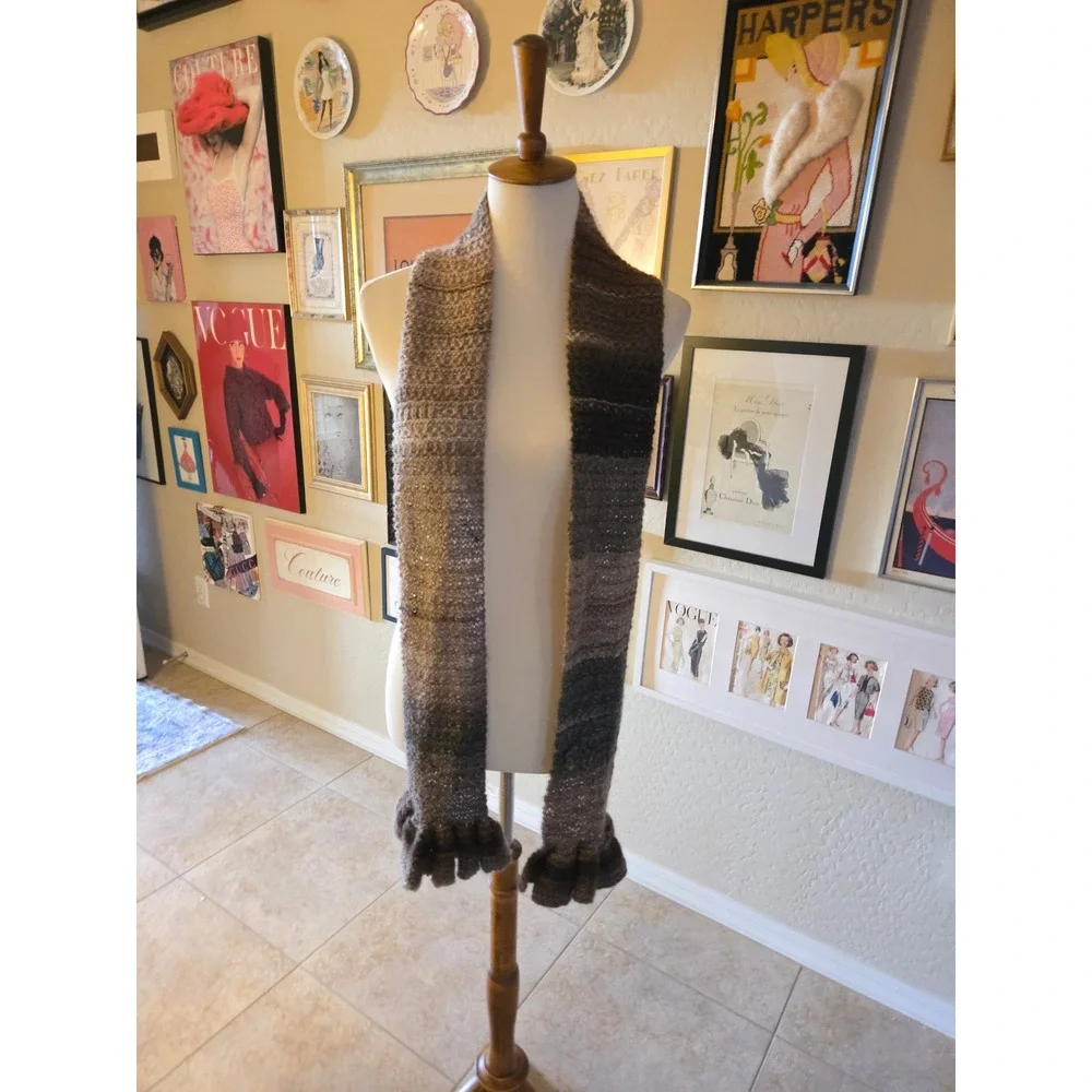 HandmadeKnit Scarf‎ Striped Brown Grey Ruffle Fringe Cozy Winter Accessory